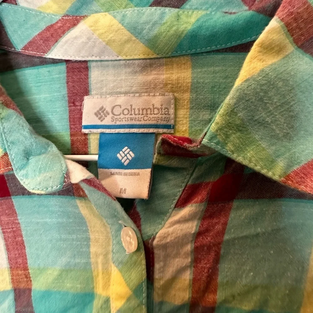 Women’s Columbia long sleeve tunic quarter button down turquoise plaid top - Picture 2 of 4
